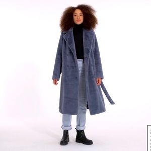 UGG Lucinda Long Faux Fur Coat blue belted winter Y2K streetwear jacket